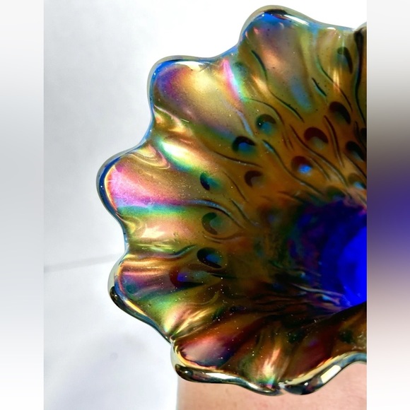 Rarest Cobalt Blue Glass Peacock Design 9 Finger Carnival vase Stunning - Picture 9 of 12